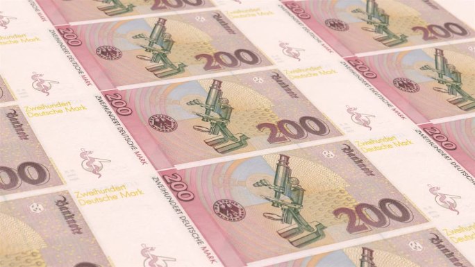 德国马克200钞票印钞厂，印200德国马克，印刷机印出德国马克，由货币印刷机印钞200德国马克钞票观