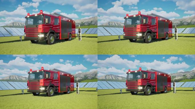 消防部门的汽车在太阳能电池板的电动汽车充电站充电- 4K分辨率