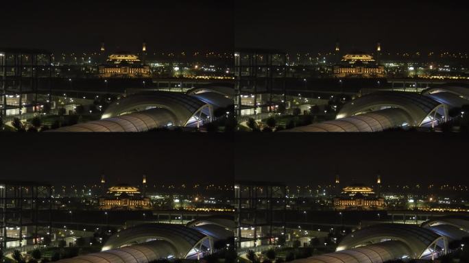 阿里·库斯库清真寺，空港城的第一座建筑。伊斯坦布尔的夜晚，从IST机场俯瞰。这座美丽的大清真寺被电灯