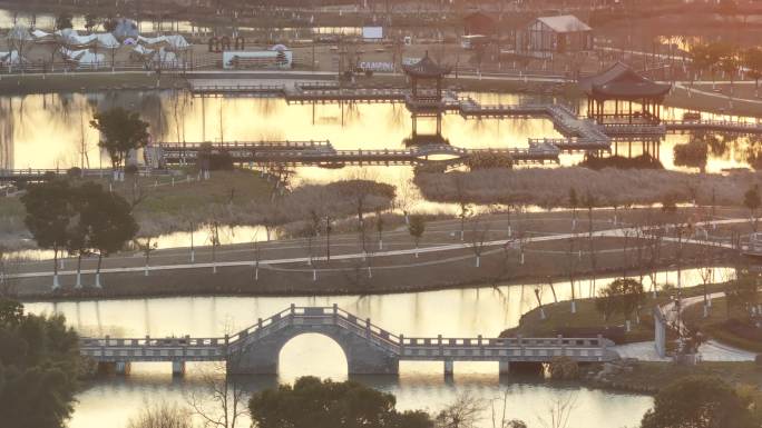 台州温岭九龙湖湿地公园日落航拍