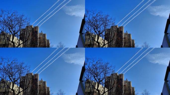 飞机在蓝天划过的尾迹云