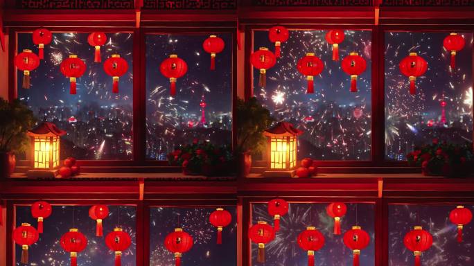 家窗外烟花 放烟花 新年春节灯笼喜庆夜景