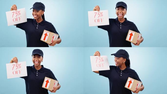 快乐的黑人女性，以工作室为背景，以折扣价，促销或送货方式包装和销售。非洲女性肖像或快递小姐，在促销交