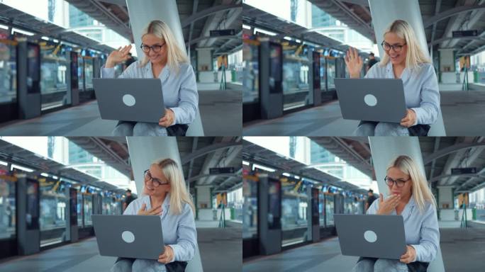 在地铁站站台用笔记本电脑视频聊天的女子。在地铁车站外，一名妇女用笔记本电脑挥手道别、打招呼、聊天、视