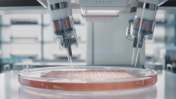 实验室培养人造皮肤组织的近距离延时。生物打印先进技术理念。未来实验室有机组织医用打印机。