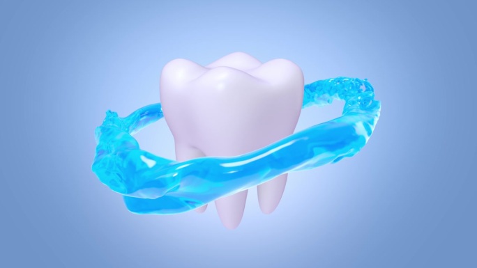 3D动画呈现蓝色漱口水围绕牙齿流动，美白产品和牙菌斑去除的概念