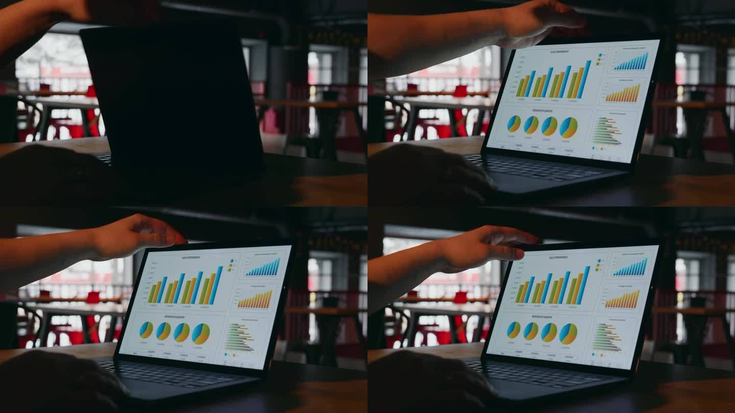 IT程序员打开笔记本电脑屏幕，显示统计数据