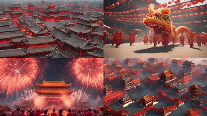 新年中式汉唐建筑烟花舞龙背景