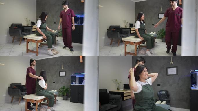 一个成熟的女人在开始咨询医生办公室的理疗师之前正在脱鞋