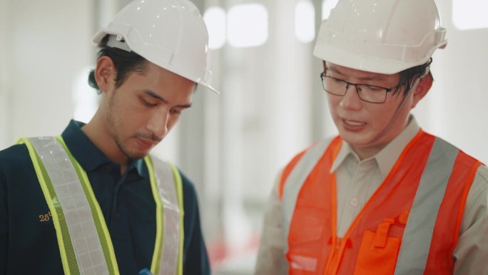 亚洲电力工人在电站控制室协同审核文件——行业专业人员确保安全与效率。