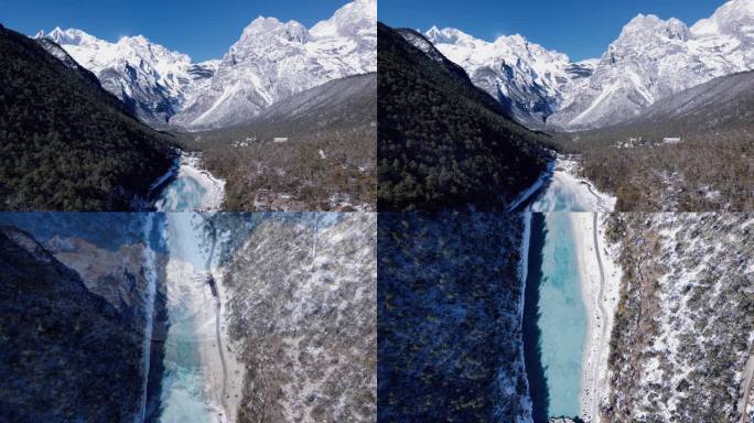 丽江玉龙雪山航拍雪山低视角冬天河道