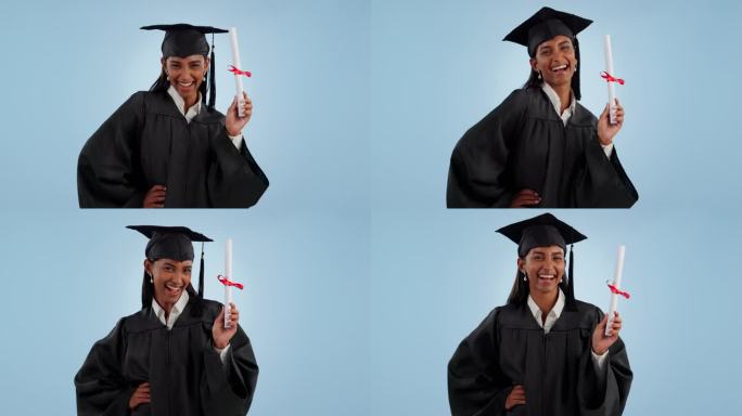 快乐的女人，学生和毕业证书，文凭或学位对工作室的背景。女性肖像或毕业生微笑的资格，成就或认证教育