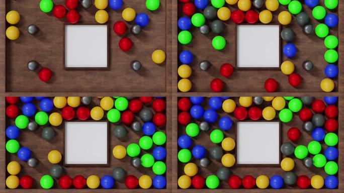 多色球在木板上，中间有杆和白板。3 d渲染。