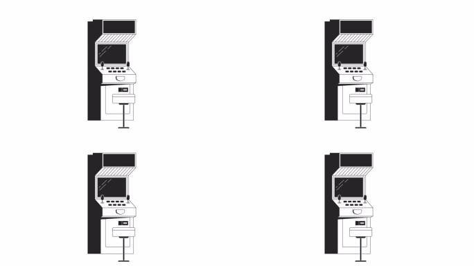 复古的街机柜与屏幕闪烁bw轮廓2D对象动画