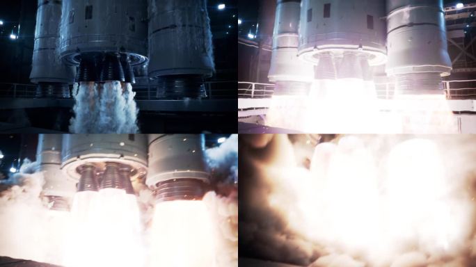 带助推器的大型火箭垂直起飞。太空探索火箭在夜间发射。火箭发动机点火的特写镜头。初始脉冲后，喷口喷出强