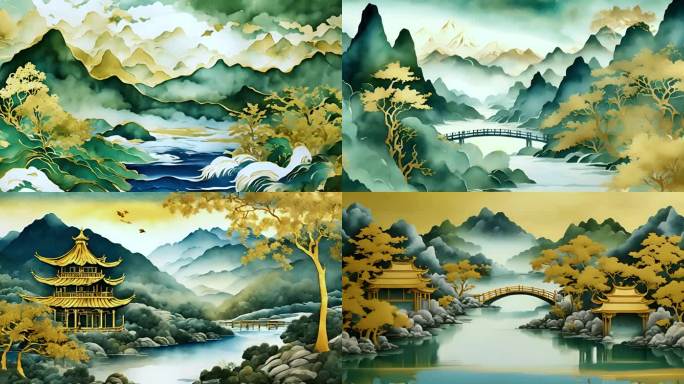 上春山青绿背景国潮中国山水画古风水墨画