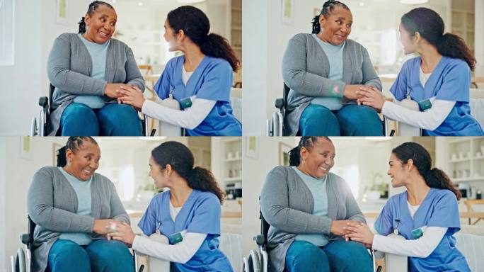 家，坐在轮椅上的女人和快乐的护士牵着手寻求支持，谈论心理健康和社会健康。医学生，ADN照顾者和善良，