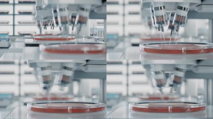 未来实验室有机组织医用打印机。实验室人工培养皮肤组织的延时。生物打印先进技术理念。