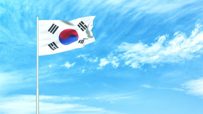 韩国国旗空中飘动