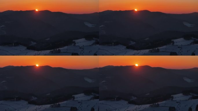 吉林松岭雪村旅游雪景山村日出航拍