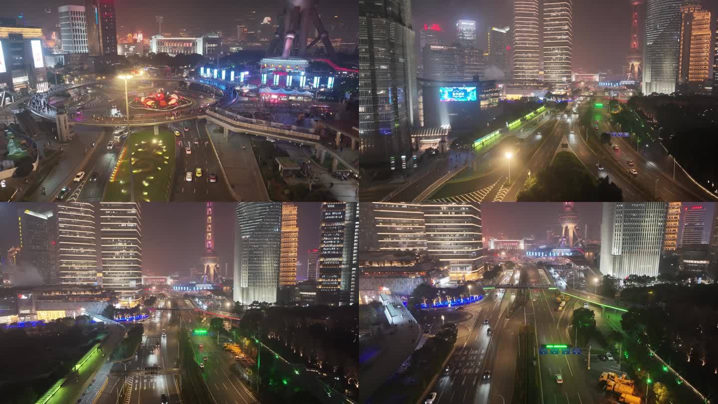 上海夜景航拍东方明珠陆家嘴环岛世纪大道浦