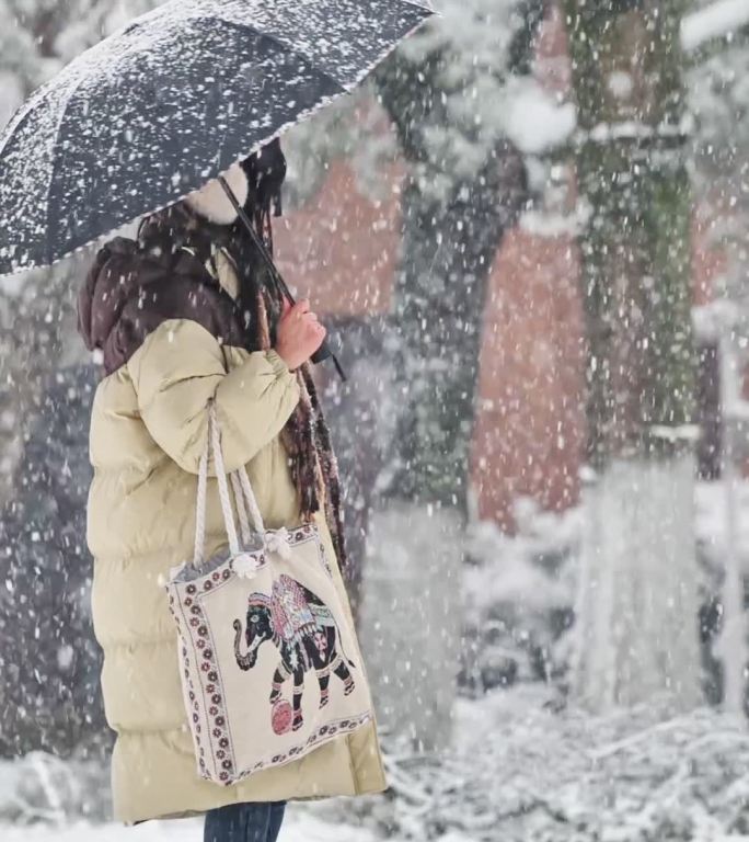 竖屏女孩唯美下雪升格雪花慢镜头