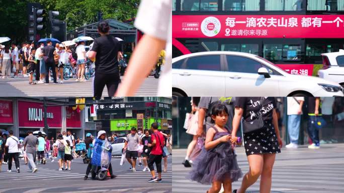 城市夏天暑假酷暑高温炎热街道人群人流汽车