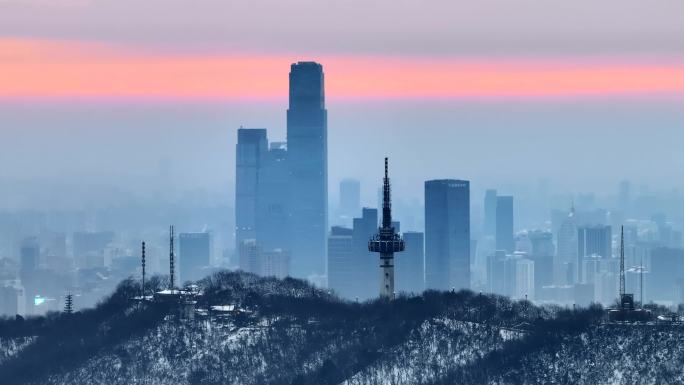 长沙岳麓山电视台塔雪景长焦航拍