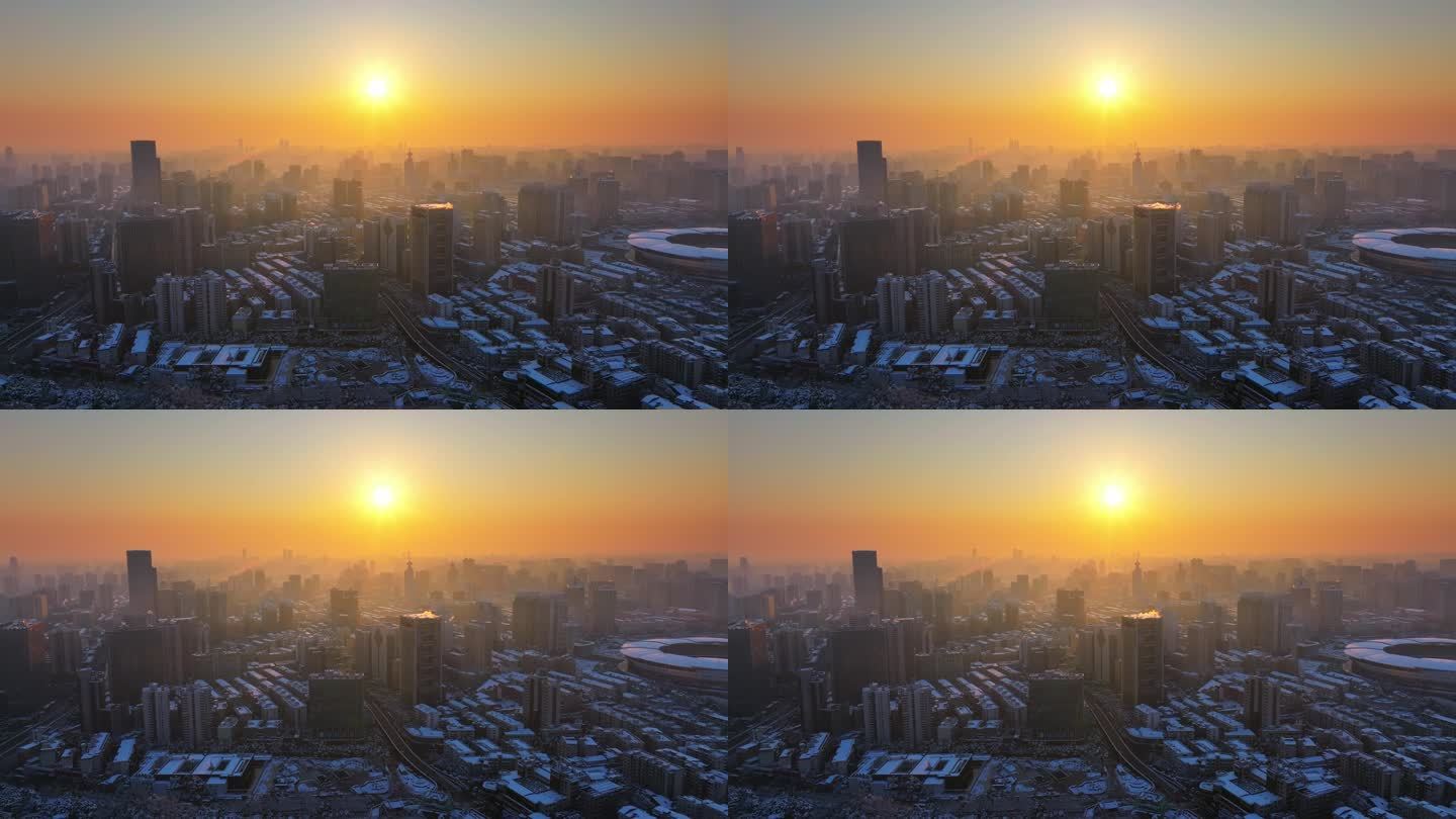长沙城市日出雪景航拍