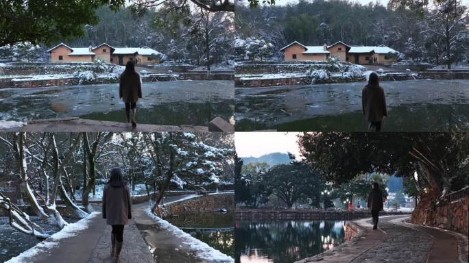 罕见雪景下的毛泽东故居美女游客行走实拍