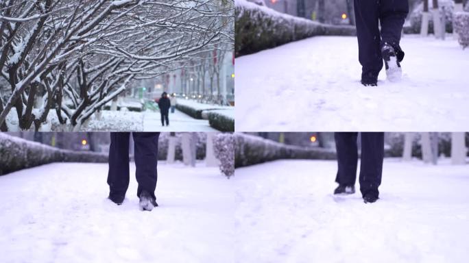 在雪地行走雪中漫步脚步特写