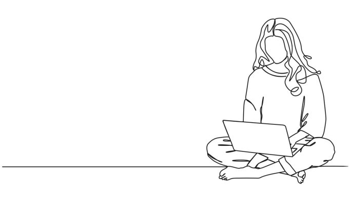动画单线画的女人盘腿坐在地板上使用笔记本电脑