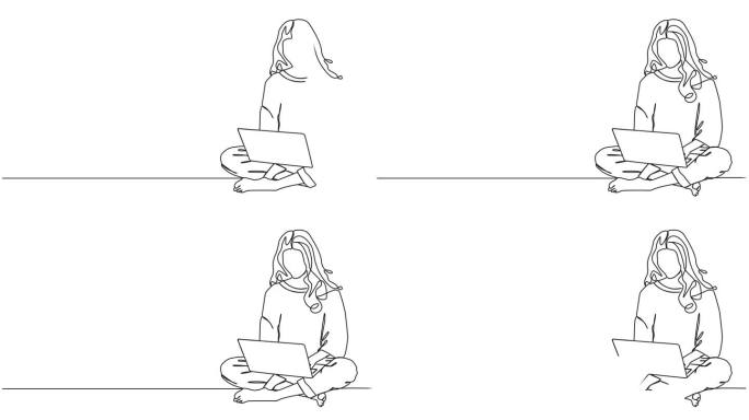 动画单线画的女人盘腿坐在地板上使用笔记本电脑