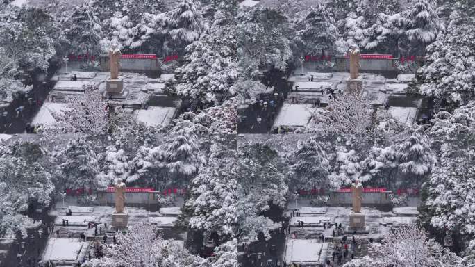 长沙岳麓山脚下东方红广场雪景航拍