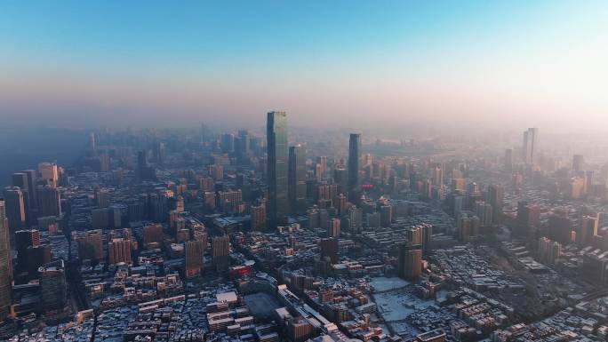 雪后的长沙城市国金中心CBD雪景航拍