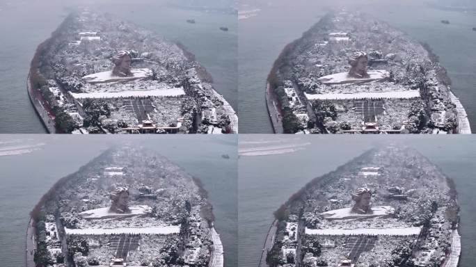 长沙橘子洲毛泽东青年雕塑罕见雪景航拍