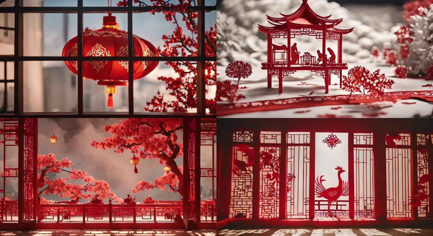 中式剪纸过年卡通窗花红色背景