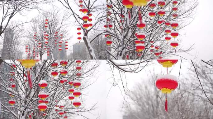 雪景下雪时树上挂的红灯笼
