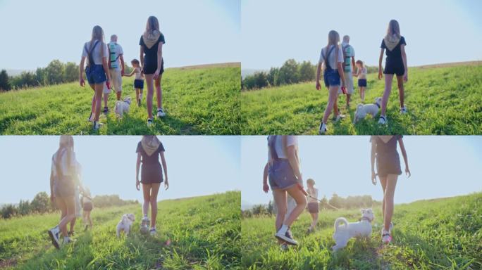 后景三个年轻漂亮的女孩牵着杰克罗素梗，走得很远，走在山上，老人手牵着手。游客一起徒步旅行，概念童年