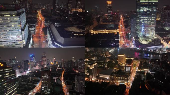 上海夜景航拍外滩南京东路黄浦区虹口区浦东