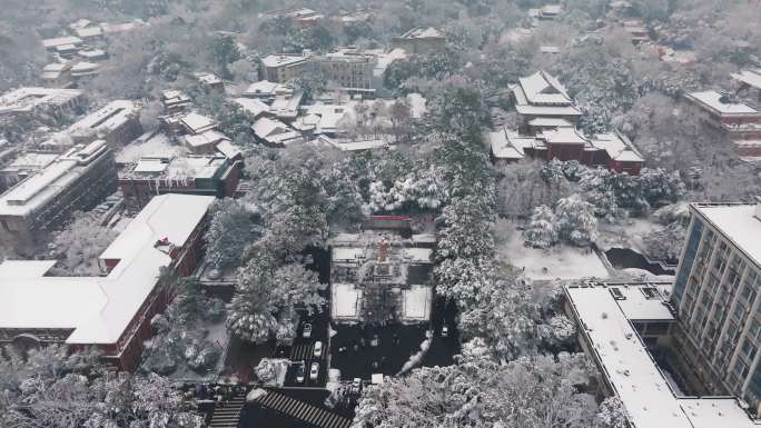 长沙湖南大学东方红广场雪景航拍