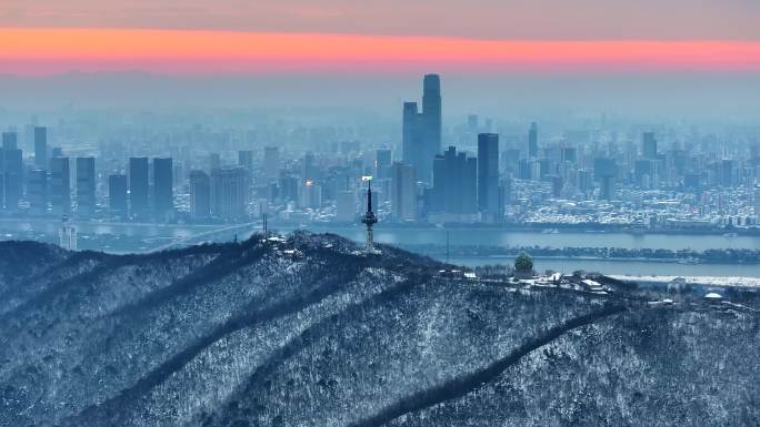 长沙岳麓山日出雪景航拍