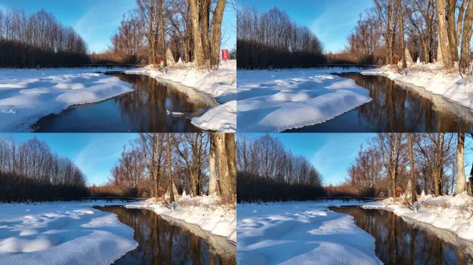 航拍大兴安岭不冻河根河雪景