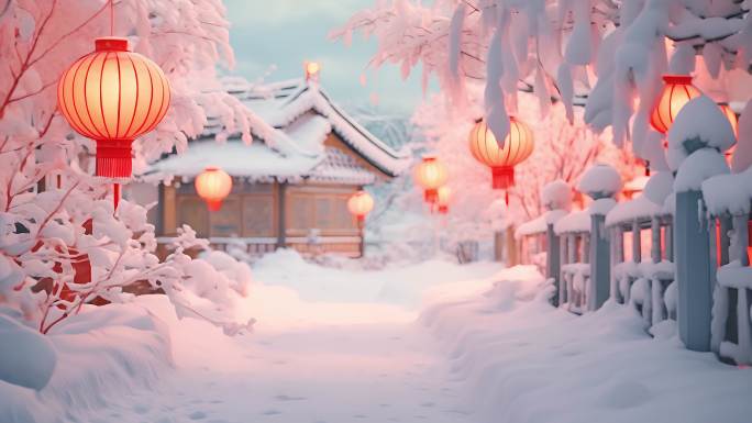 春节喜庆红灯笼古建筑雪景