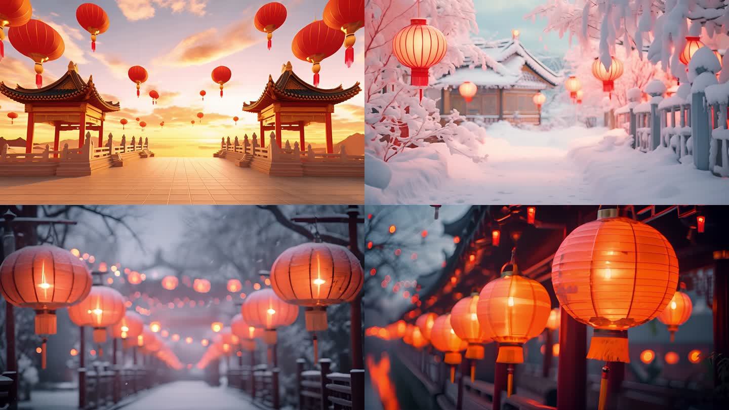 春节喜庆红灯笼古建筑雪景