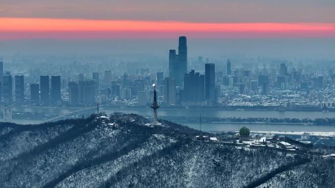 长沙岳麓山日出雪景航拍