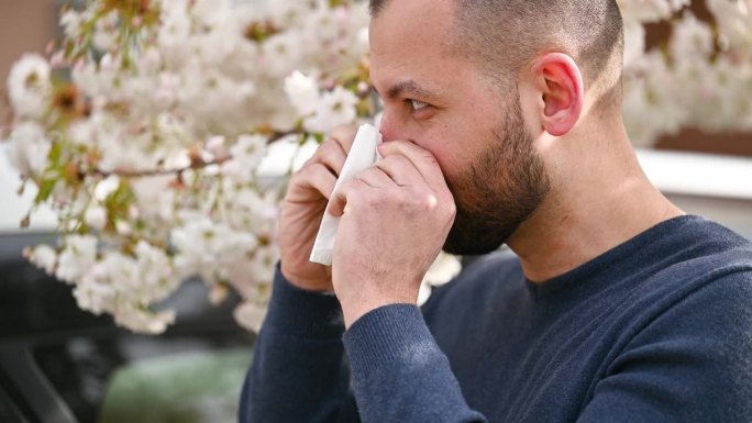 男士春季季节性过敏，打喷嚏，用手绢擤鼻涕。