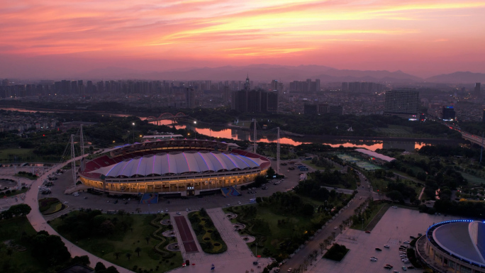 义乌梅湖体育场夜景晚霞风光航拍