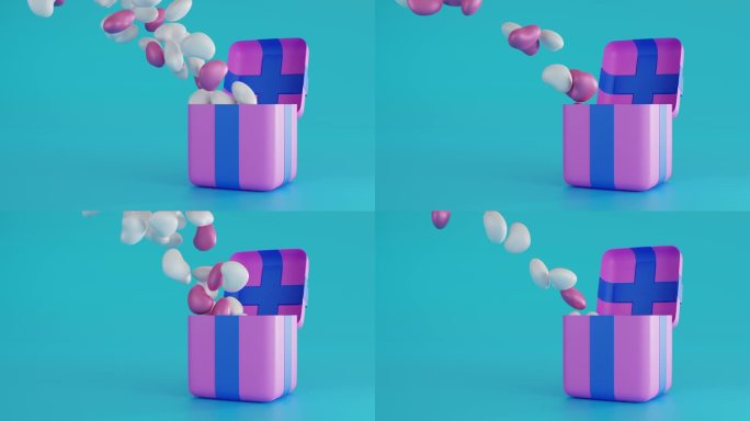 粉色礼盒上漂浮的心形气球，情人节婚礼庆典，3D渲染。