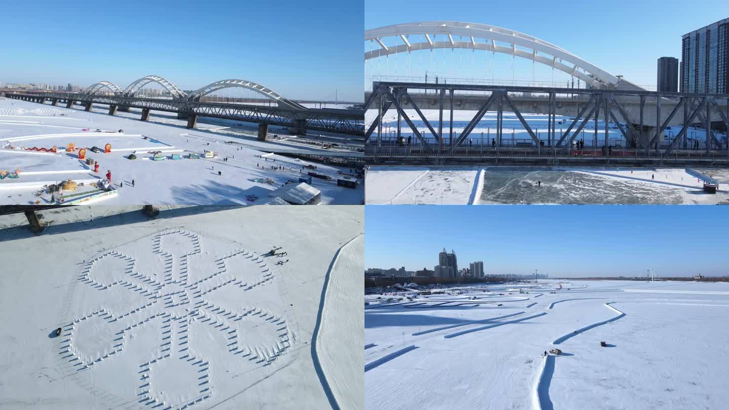 哈尔滨铁路大桥冬季4K航拍视频
